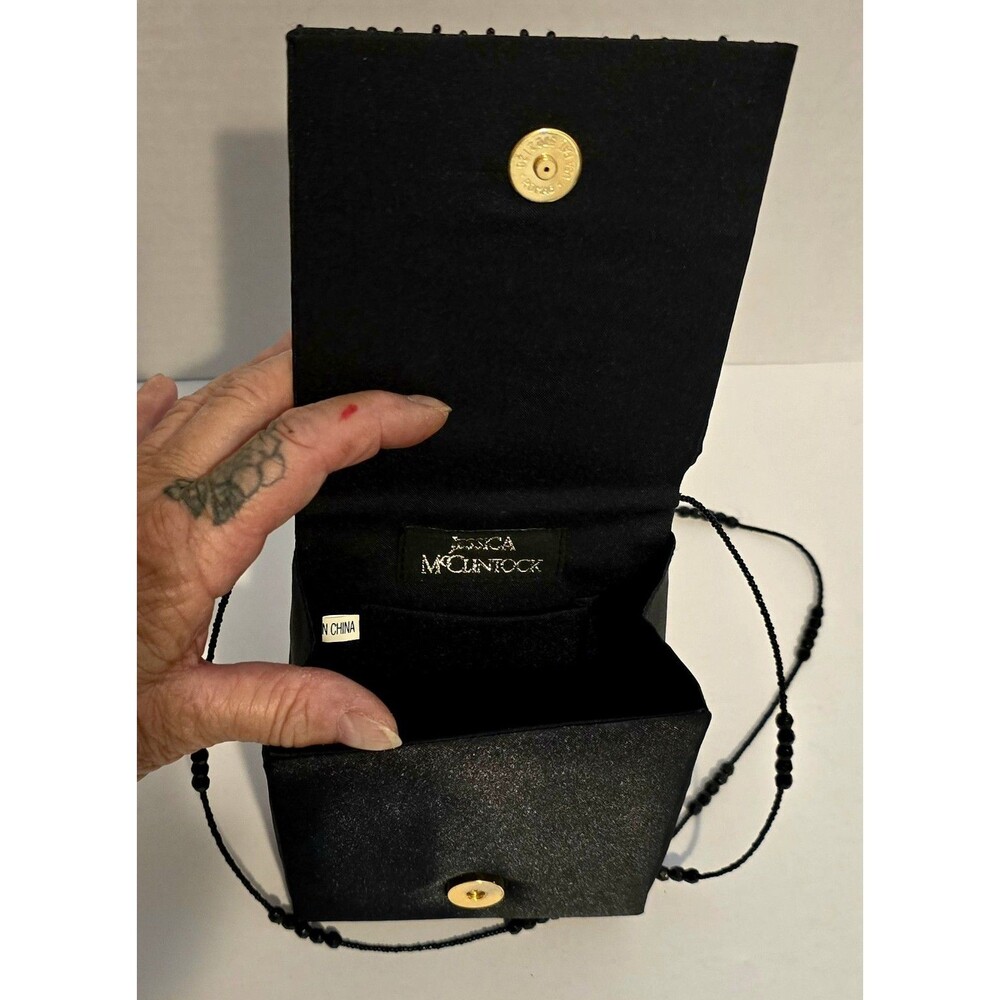 Jessica McClintock Formal Evening Mini Black Satin Beaded Purse w/ Beaded Strap